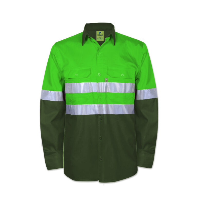 Titan Reflective Vented Long Sleeve Mining Shirt Apple Green and Fatigue