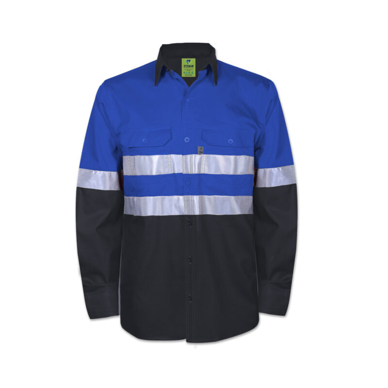 Titan Reflective Vented Long Sleeve Mining Shirt Electric Blue and Charcoal