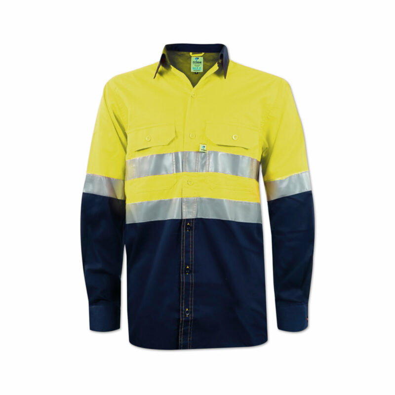 Titan Reflective Vented Long Sleeve Mining Shirt Yellow and Navy